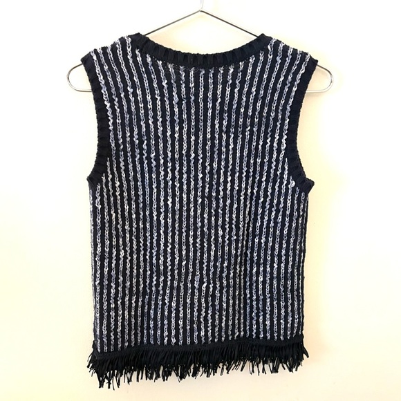 TOMMY HILFINGER Navy Frilly Knit Vest Top Striped Sleeveless Fringe - Picture 2 of 5